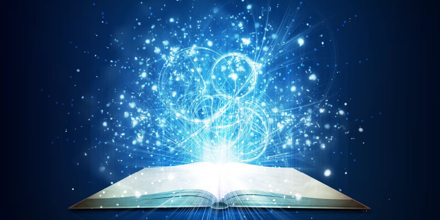 29759545 – old open book with magic light and falling stars dark background